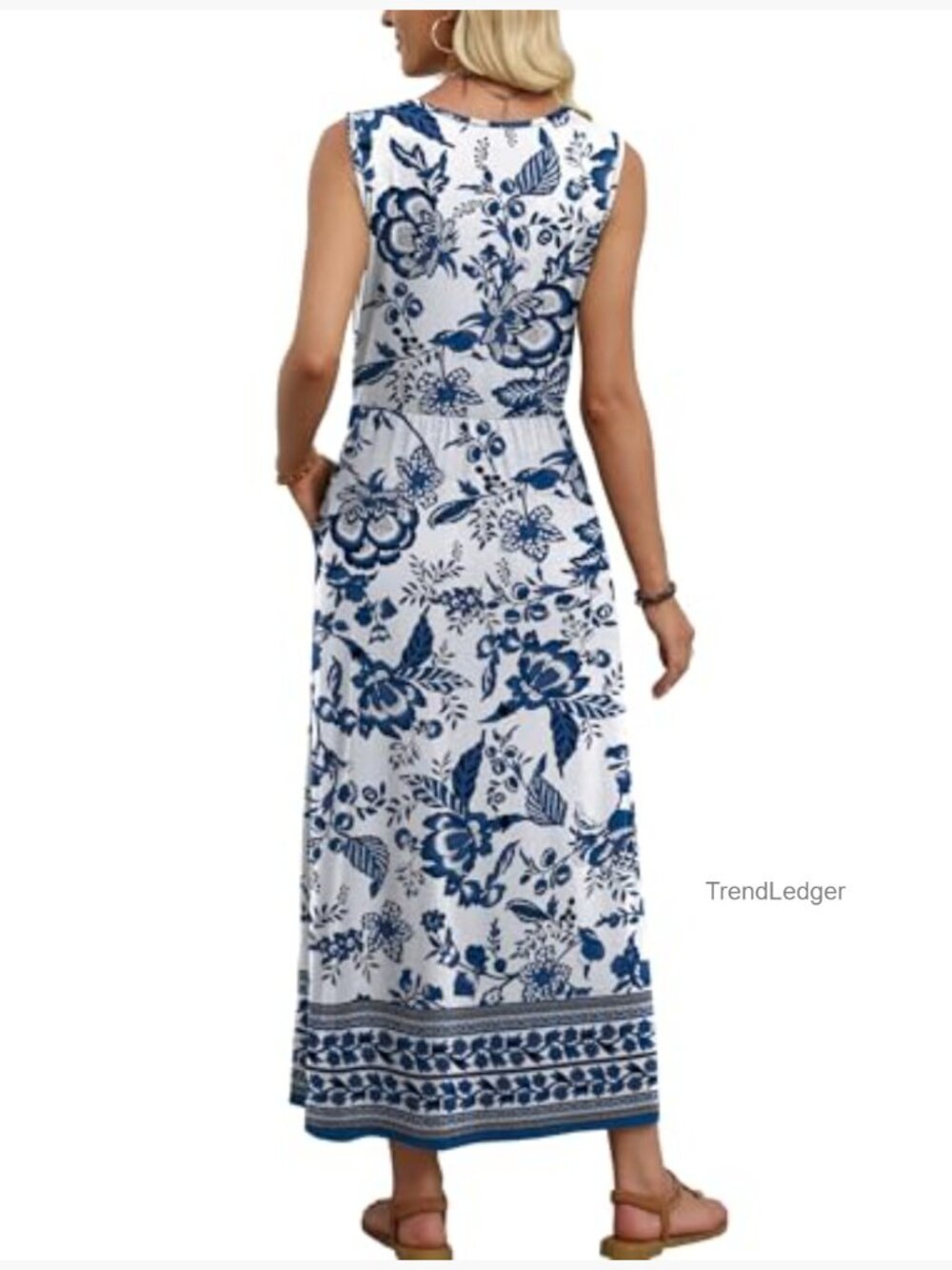 Maxi Dress with Pockets Elastic Waist Sleeveless Sundress Long Flowy A Line - Picture 5 of 5